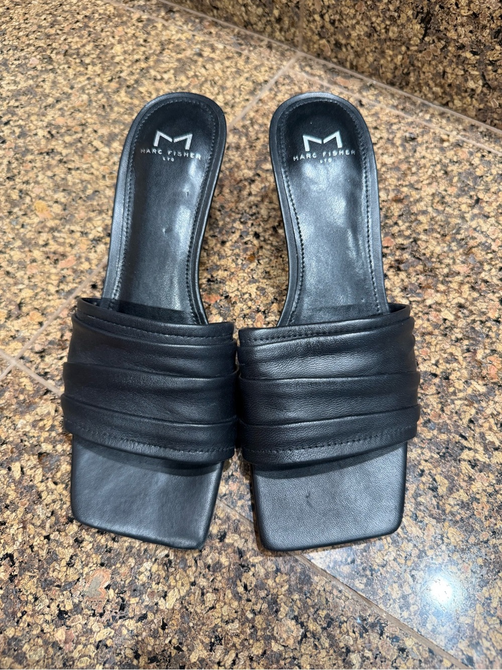 Marc Fisher Black Ruched Leather Kitten-heel Slide Mules